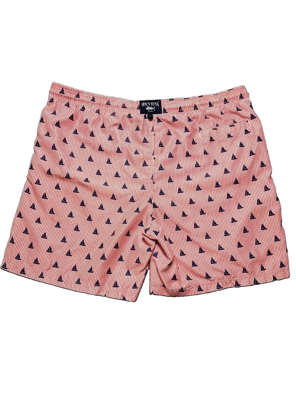 Spicy Tuna Mens Sailboat Print Swim Trunks Red White Striped XL Lined Beach